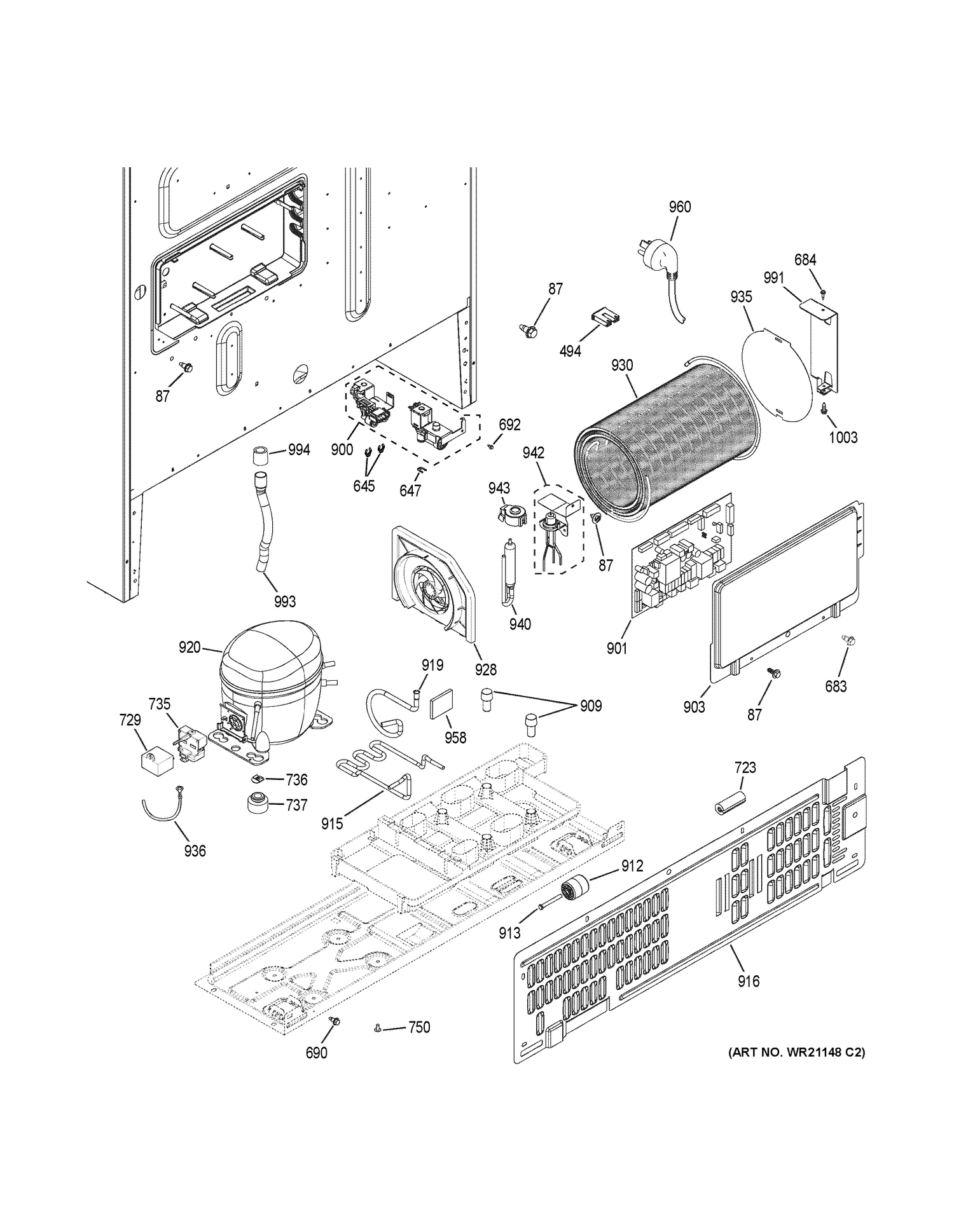 MACHINE COMPARTMENT Diagram and Parts List for PFD28KBLBTS  General Electric Refrigerator