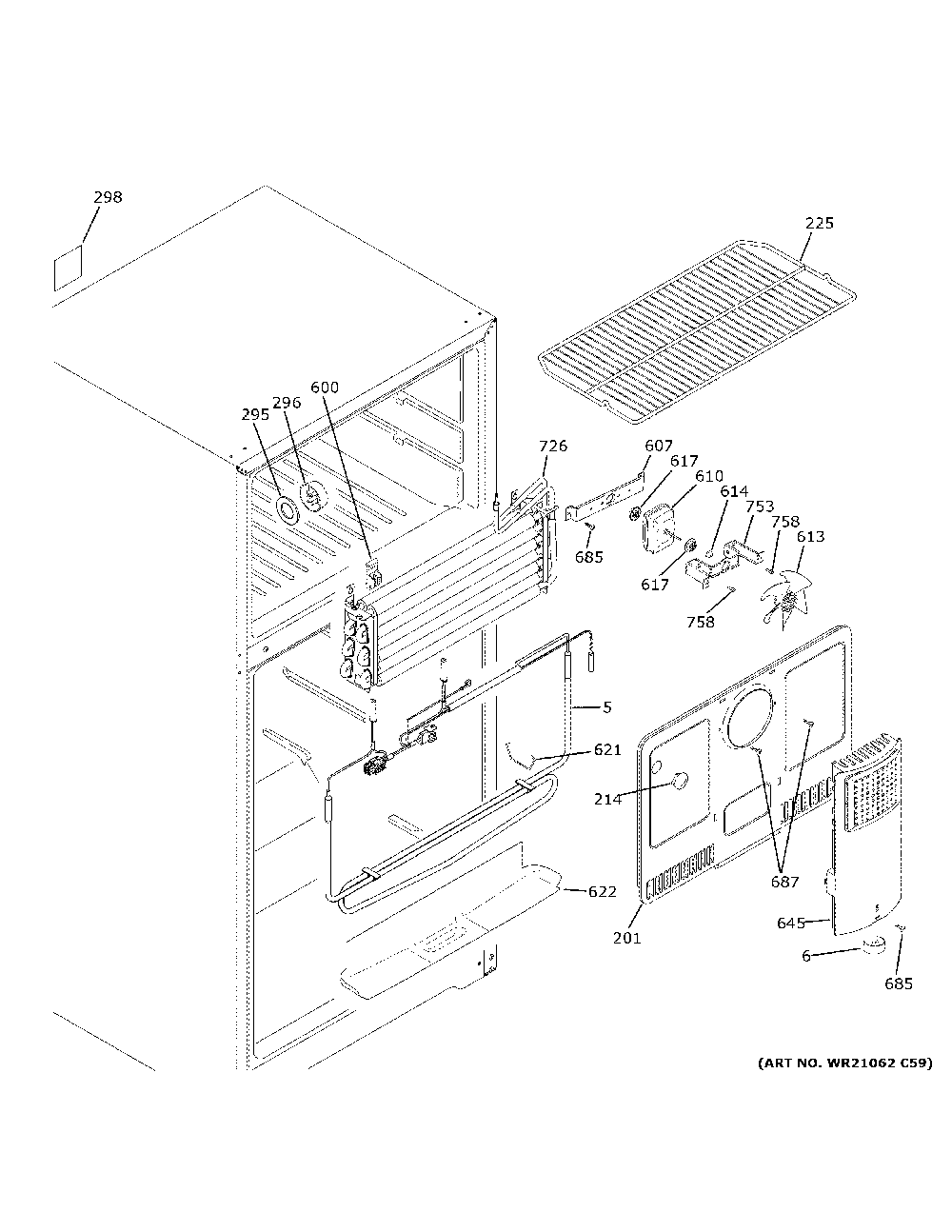 Freezer section Diagram and Parts List for GTE18GTNDRBB  General Electric Refrigerator