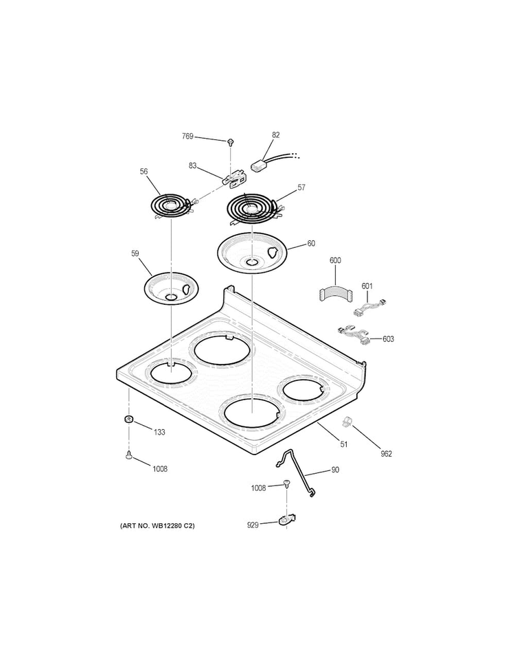 Cooktop Diagram and Parts List for JB250DF6WW  General Electric Range