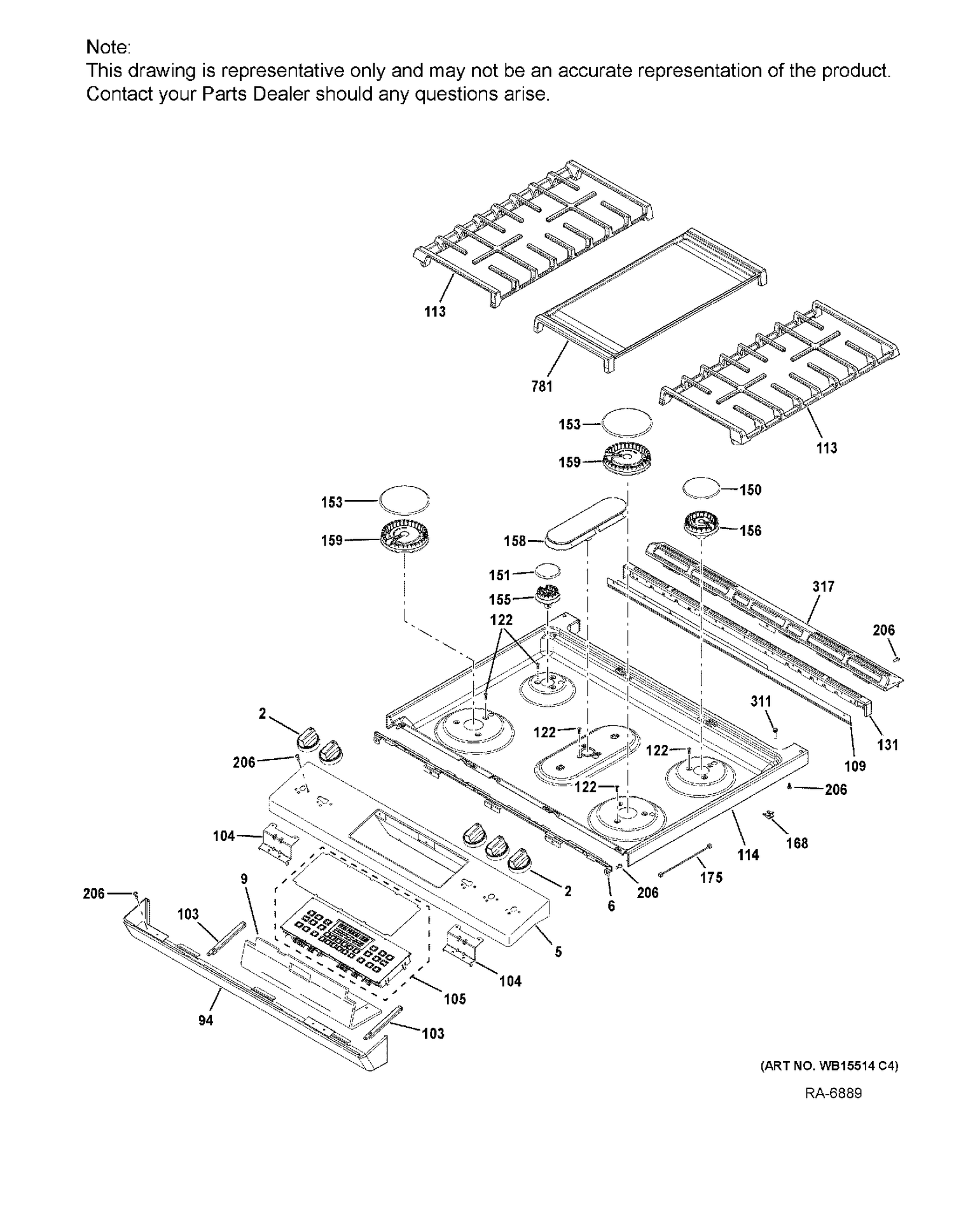 CONTROL PANEL & COOKTOP Diagram and Parts List for JCGS760DEL1WW  General Electric Range