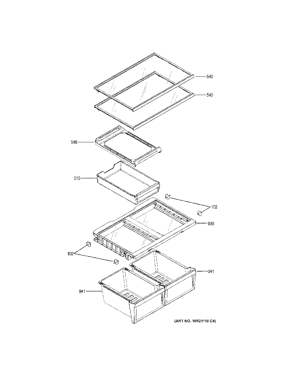 Fresh food shelves Diagram and Parts List for GDE25ESKLRSS  General Electric Refrigerator