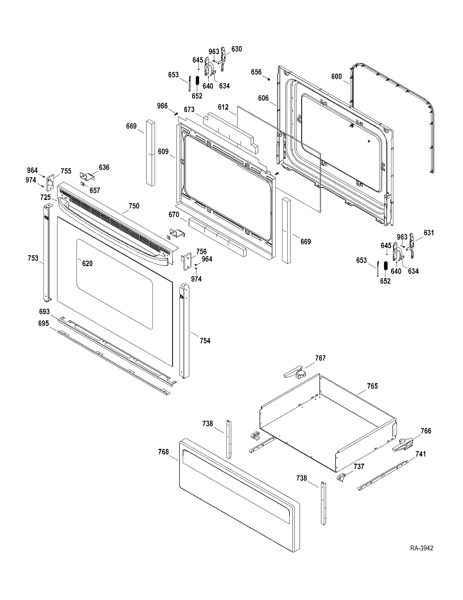 DOOR-DRAWER Diagram and Parts List for MCBS585DR2WW  General Electric Range