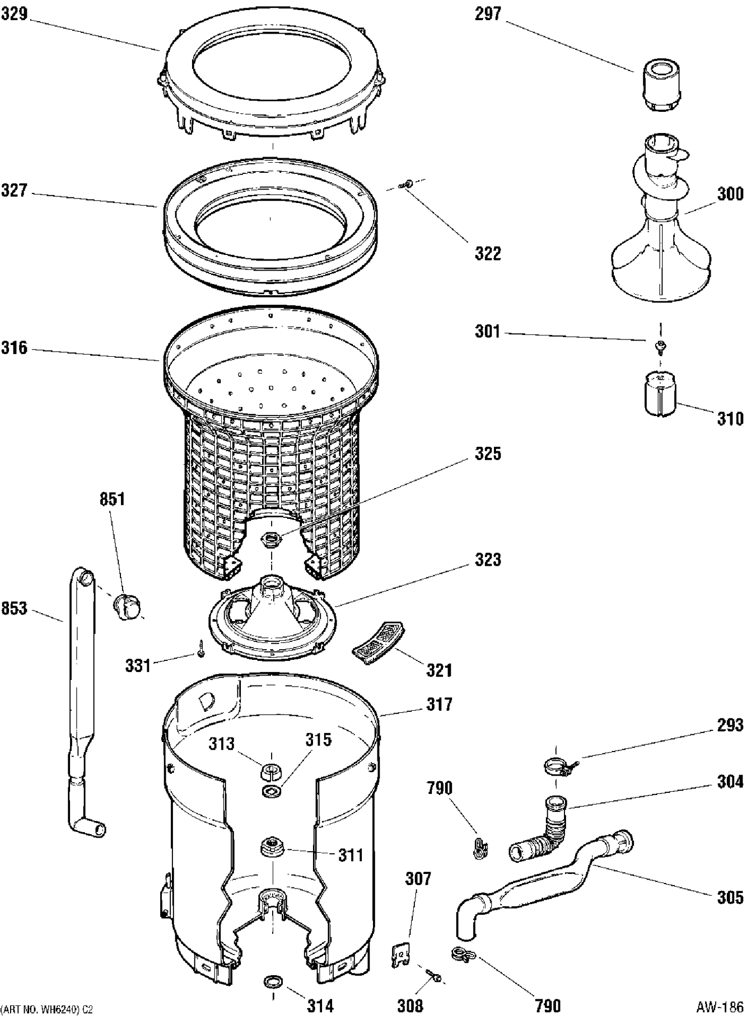 TUB, BASKET & AGITATOR Diagram and Parts List for 59341TAWW  General Electric Washer