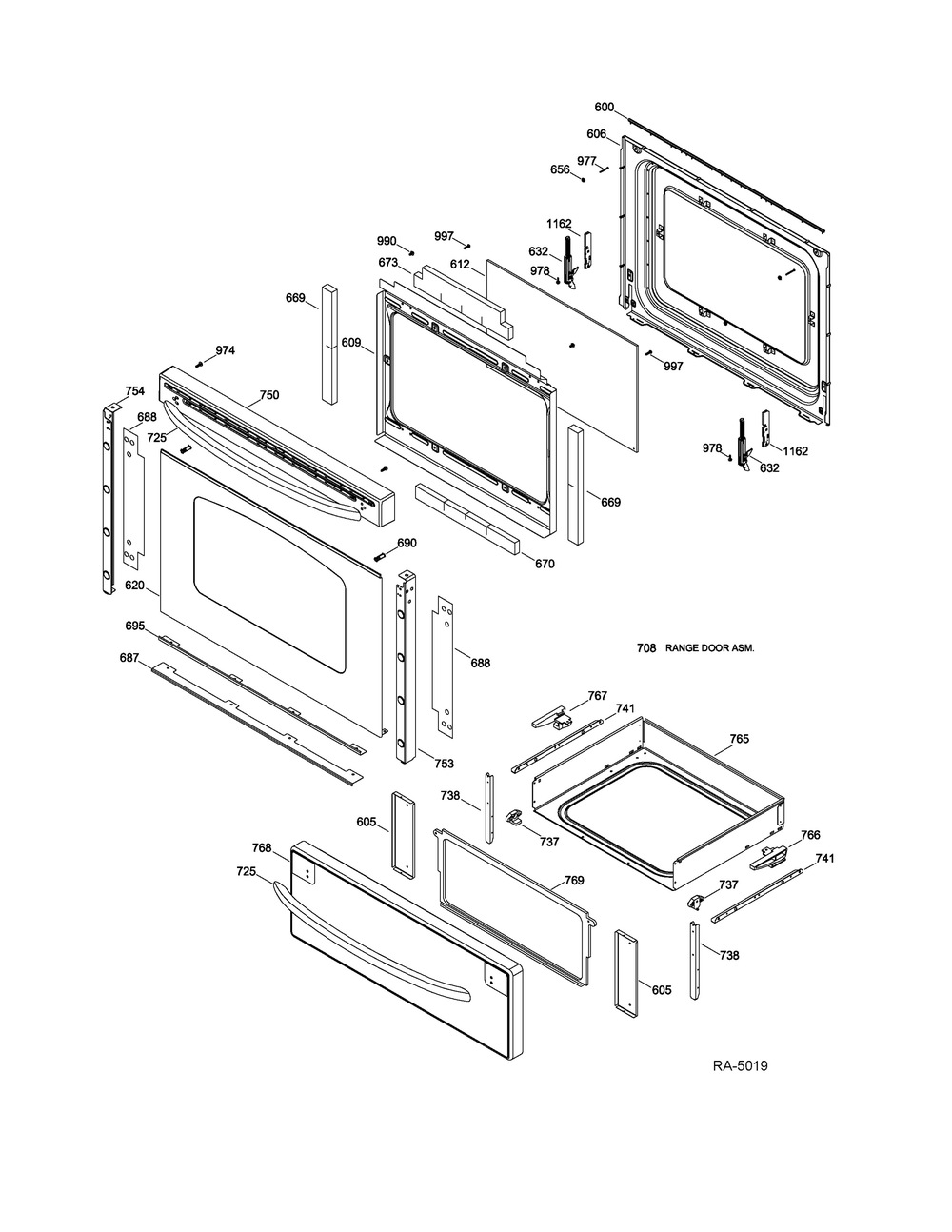 Door And Drawer Parts Diagram and Parts List for PCB980DF3BB  General Electric Range