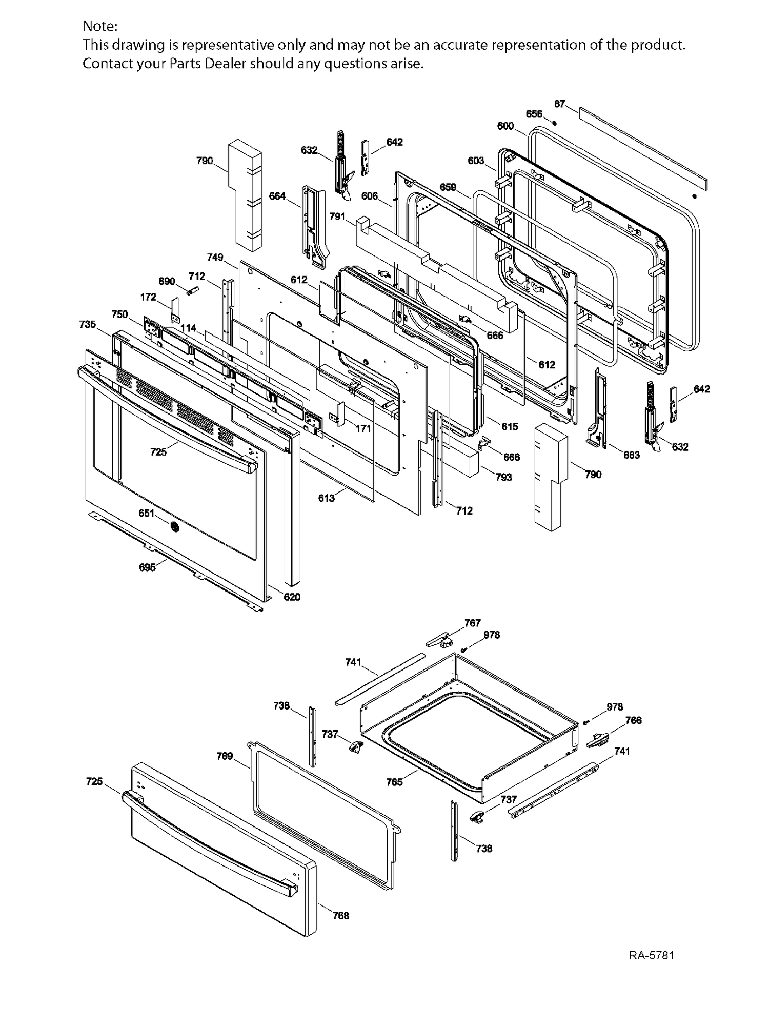 DOOR & DRAWER Diagram and Parts List for JCB870SJ1SS  General Electric Range