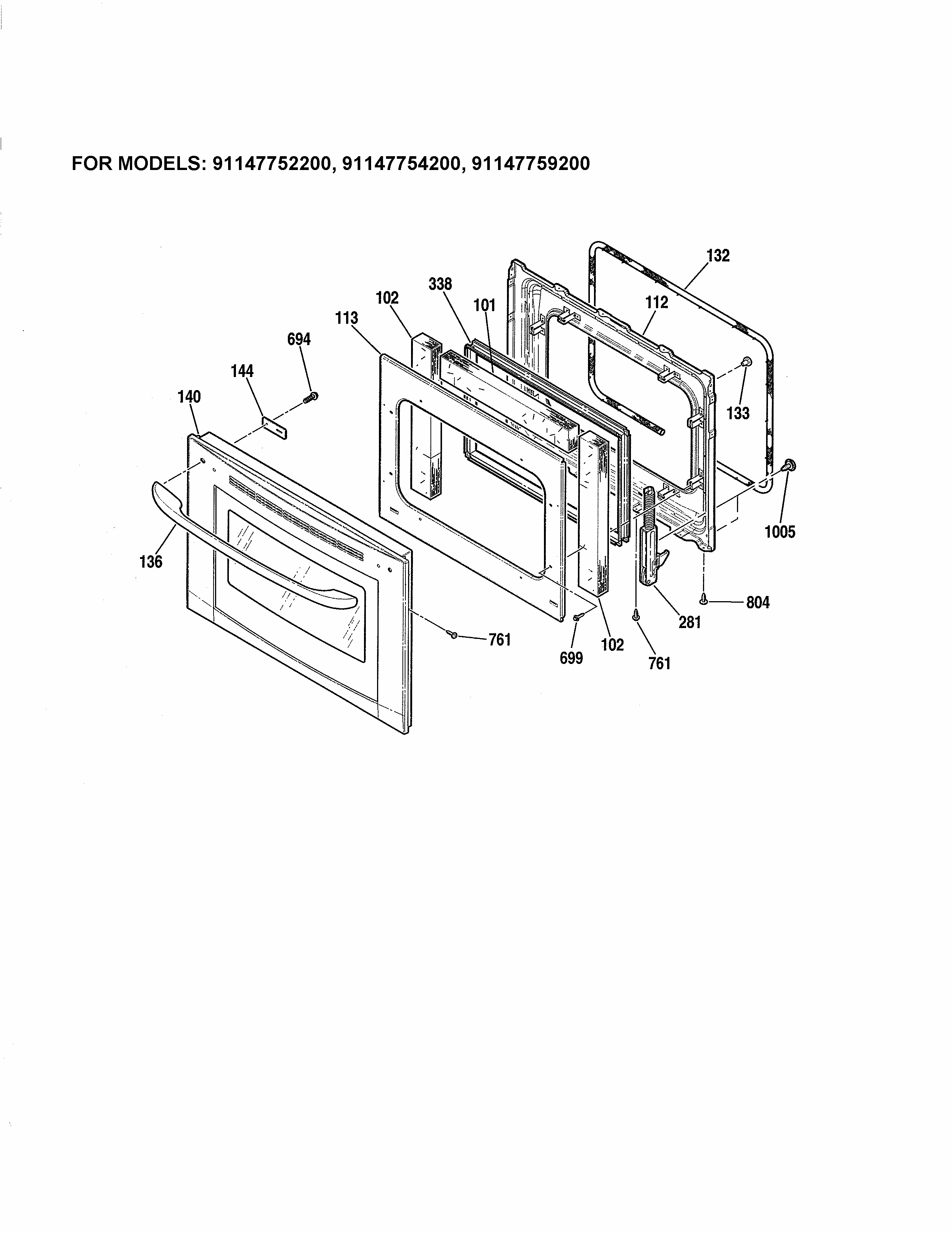 Door-91147752200, 91147754200, 91147759200 Diagram and Parts List for 91147759200  Kenmore Wall Oven