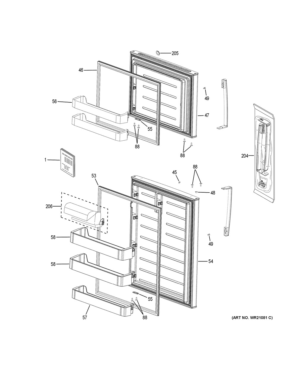 Doors Diagram and Parts List for GIE21GSHDSS  General Electric Refrigerator