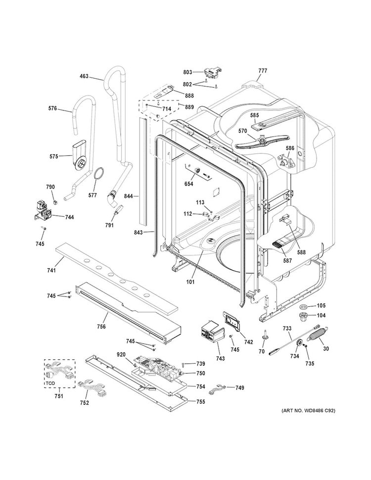 Body Parts Diagram and Parts List for GDT530PSD4SS  General Electric Dishwasher