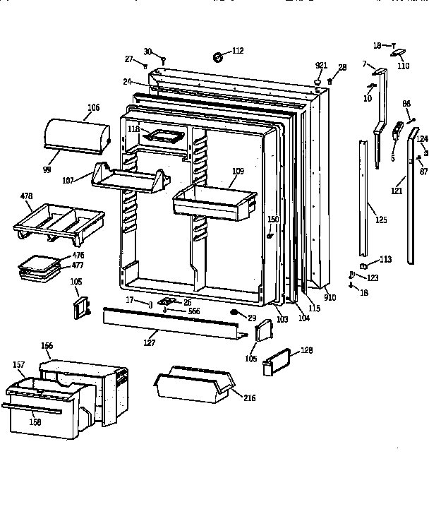 Fresh Food Door Diagram and Parts List for TBX22PRYFFWW  General Electric Refrigerator