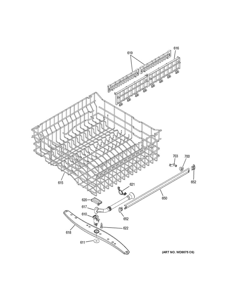 Upper Rack Assembly Diagram and Parts List for GLD5900N10CC  General Electric Dishwasher