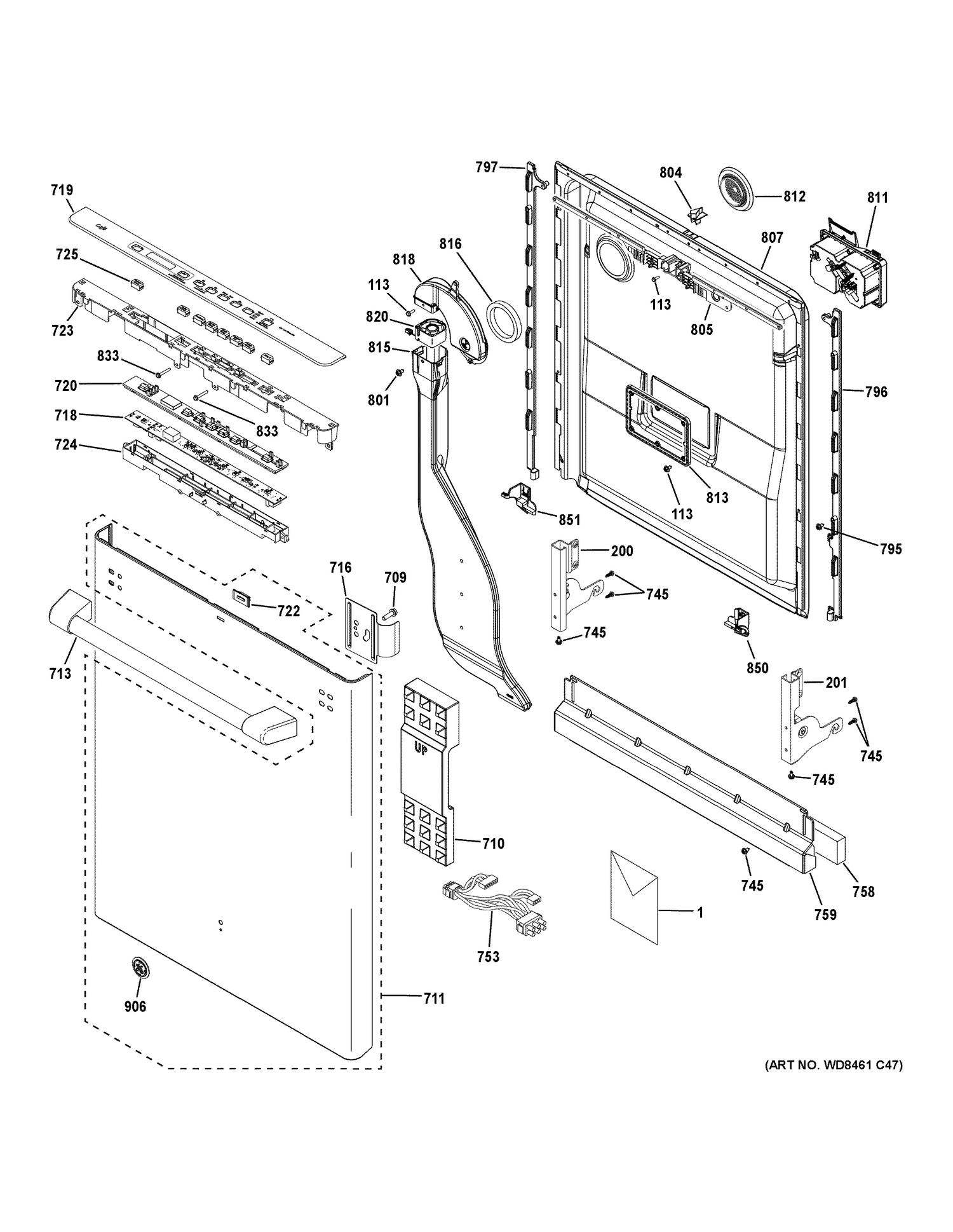 ESCUTCHEON & DOOR ASSEMBLY Diagram and Parts List for CDT835SMJ2DS  General Electric Dishwasher