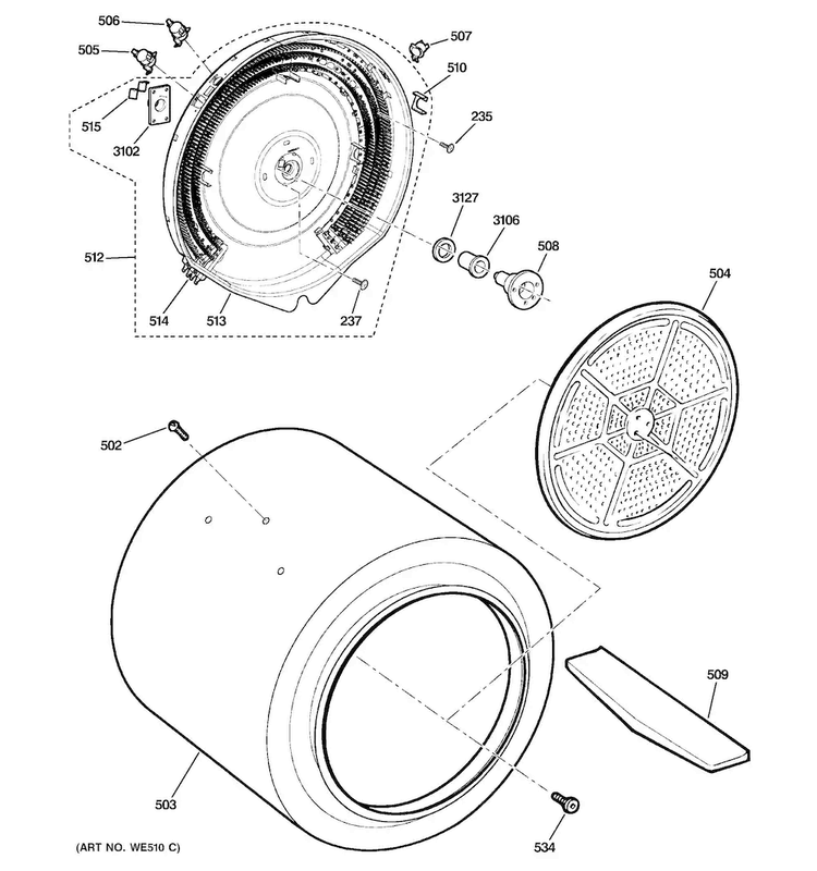 Drum Diagram and Parts List for GTDP200EF4WS  General Electric Dryer