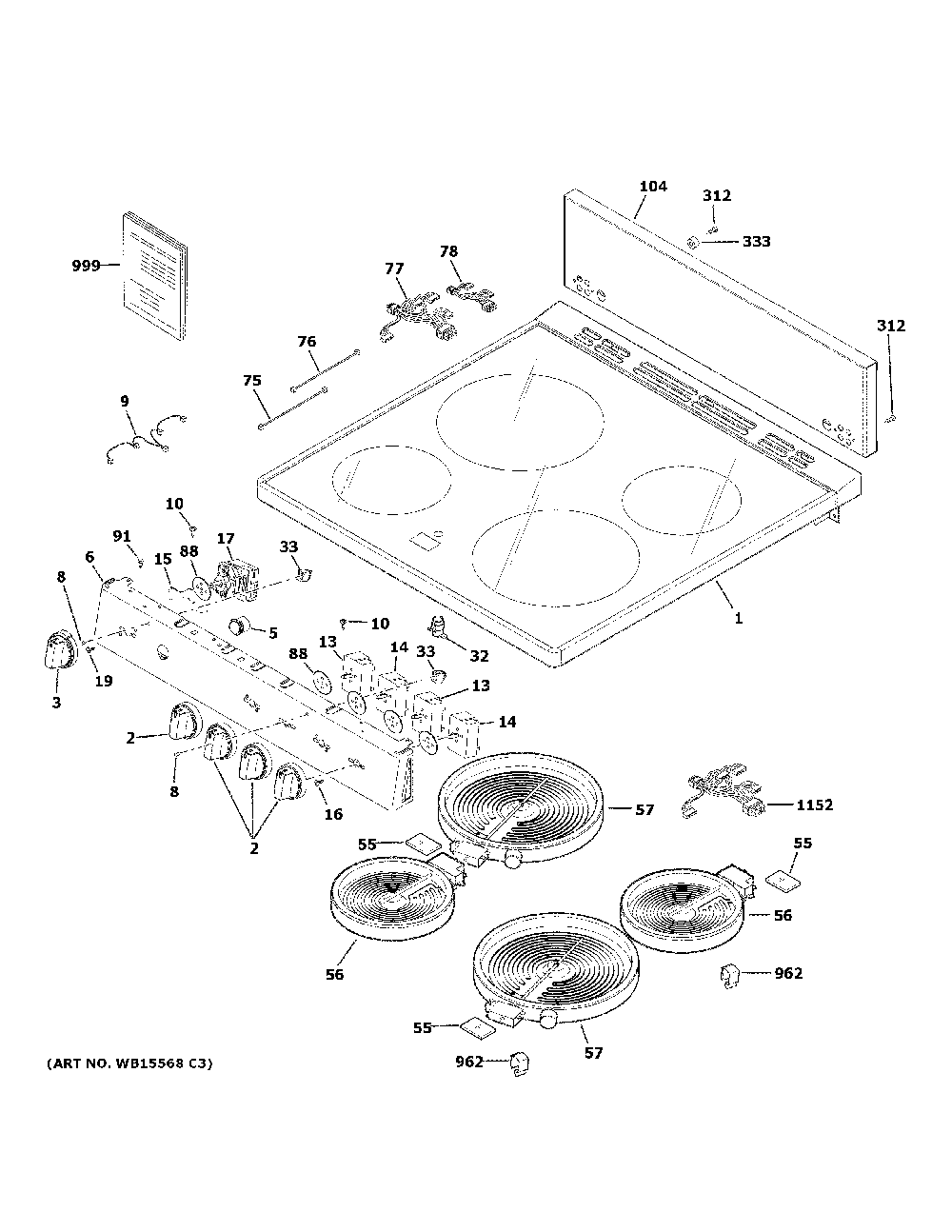 Control Panel And Cooktop Diagram and Parts List for JAS640RM4SS  General Electric Range