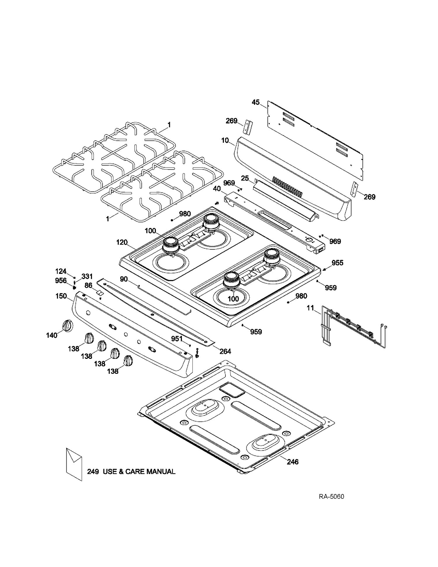 BACKGUARD & COOKTOP Diagram and Parts List for MGAS724EL4WW  General Electric Range