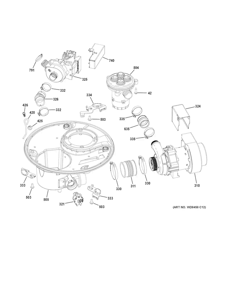 Sump & Motor Mechanism Diagram and Parts List for GDT720SSF4SS  General Electric Dishwasher