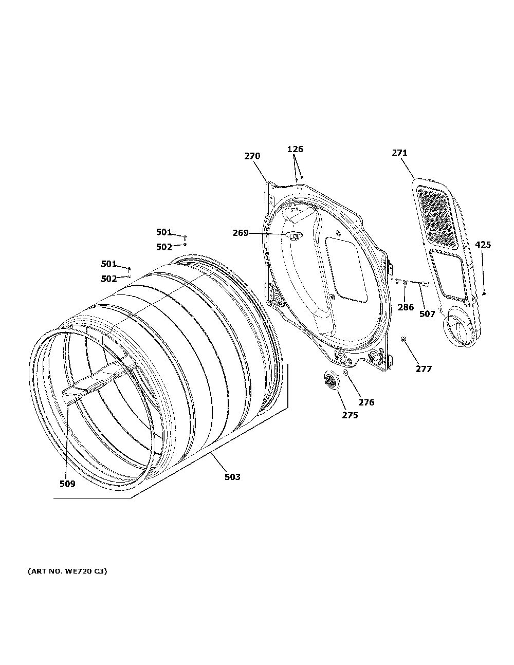 Drum Diagram and Parts List for GFD55ESPR1RS  General Electric Washer