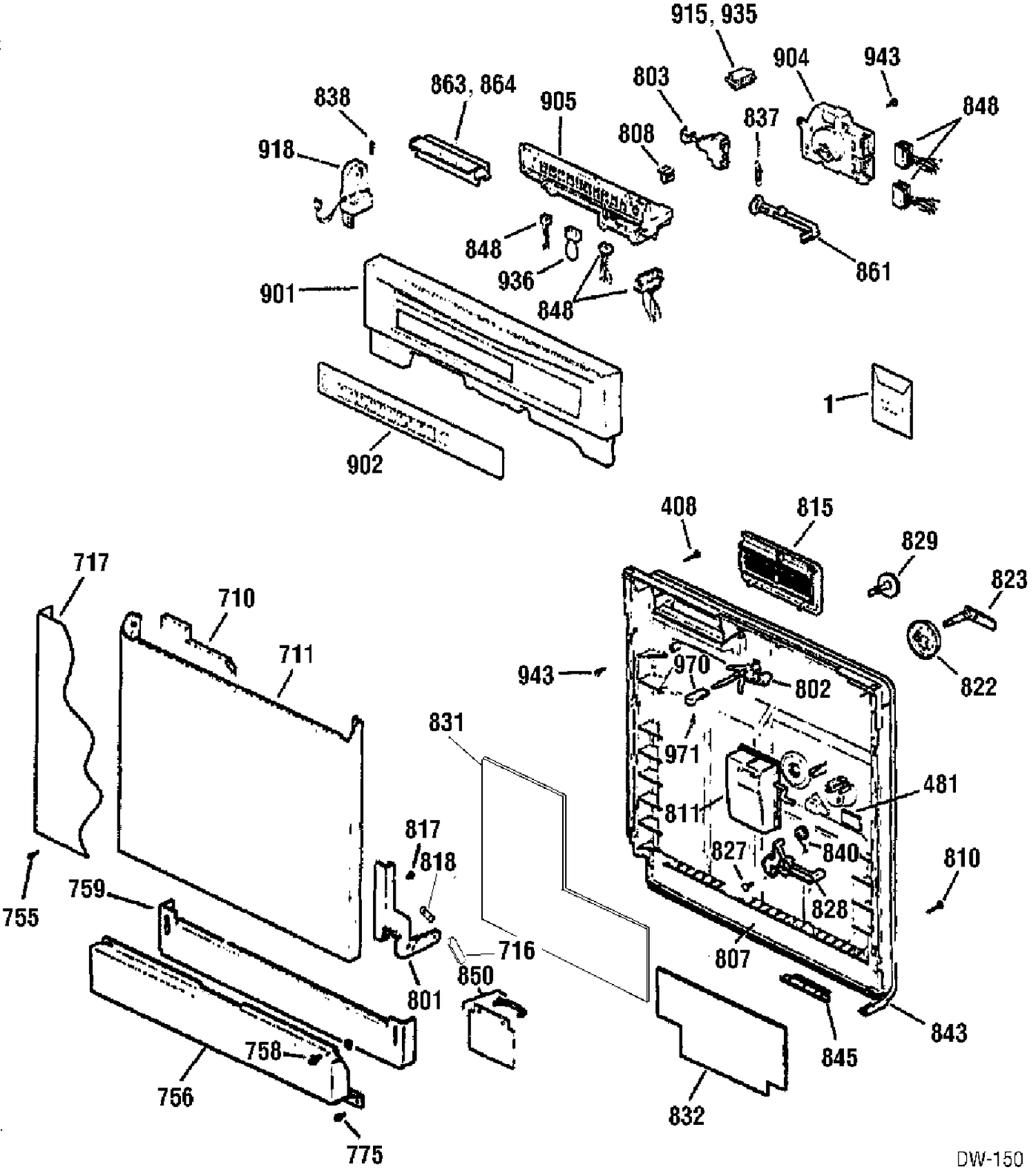 DOOR & ESCUTCHEON PARTS Diagram and Parts List for GSD4911X01WW  General Electric Dishwasher