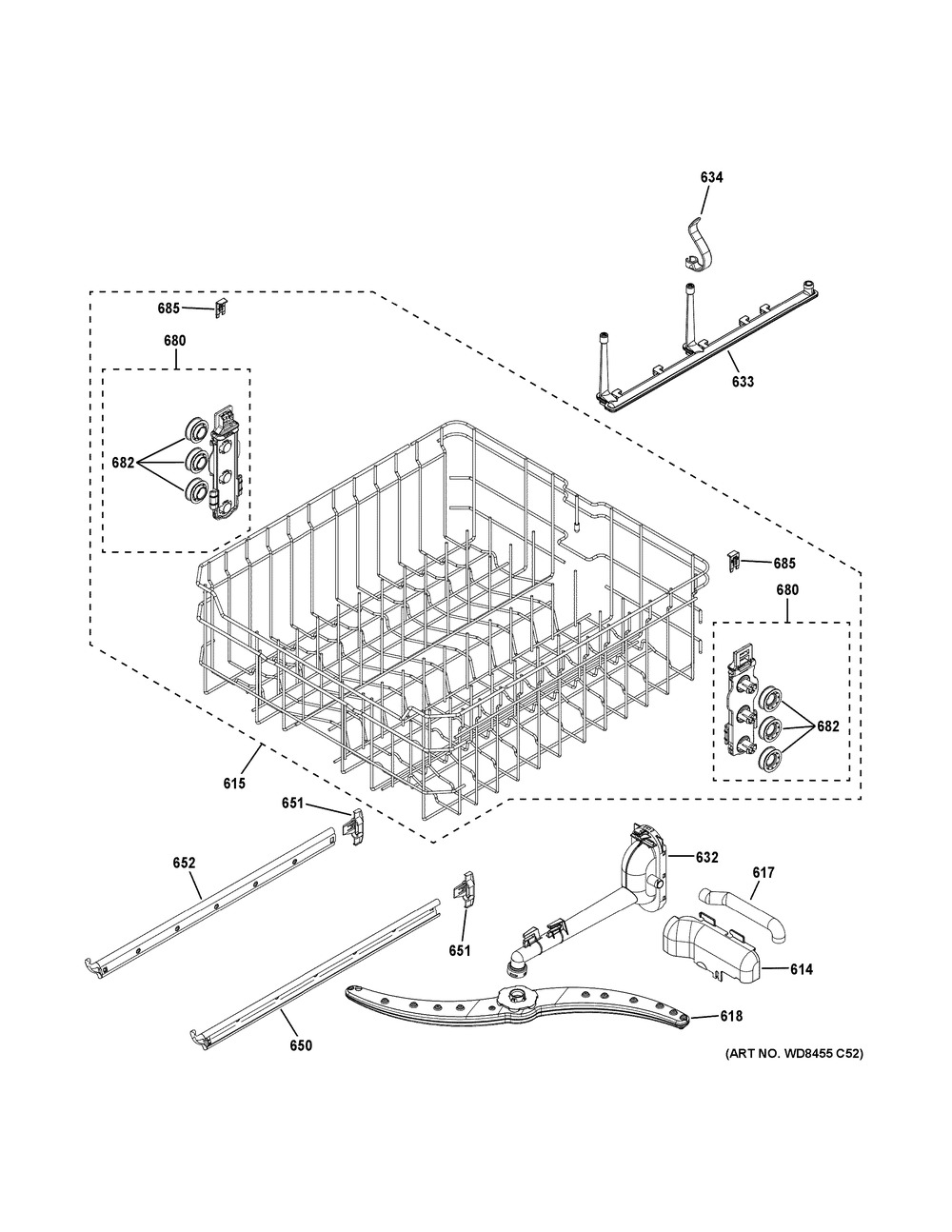 Upper Rack Assembly Diagram and Parts List for GDF630PSM1SS  General Electric Dishwasher