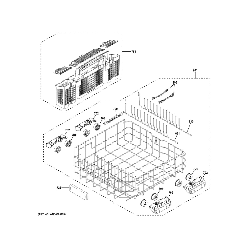Lower Rack Assembly Diagram and Parts List for PDT705SYW3FS  General Electric Dishwasher