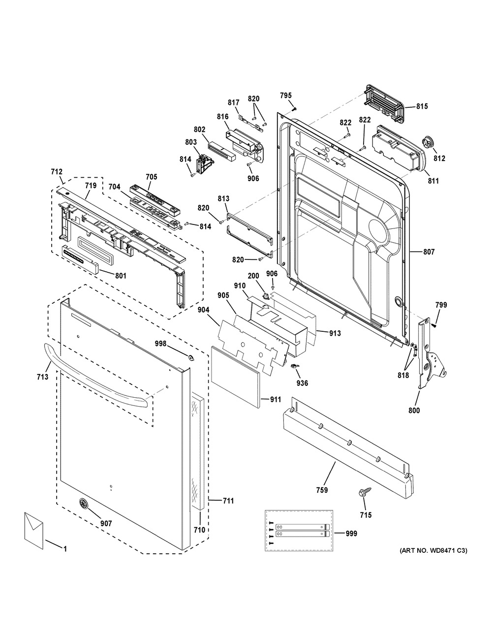 Escutcheon & Door Assembly Diagram and Parts List for GDWT358V50SE  General Electric Dishwasher
