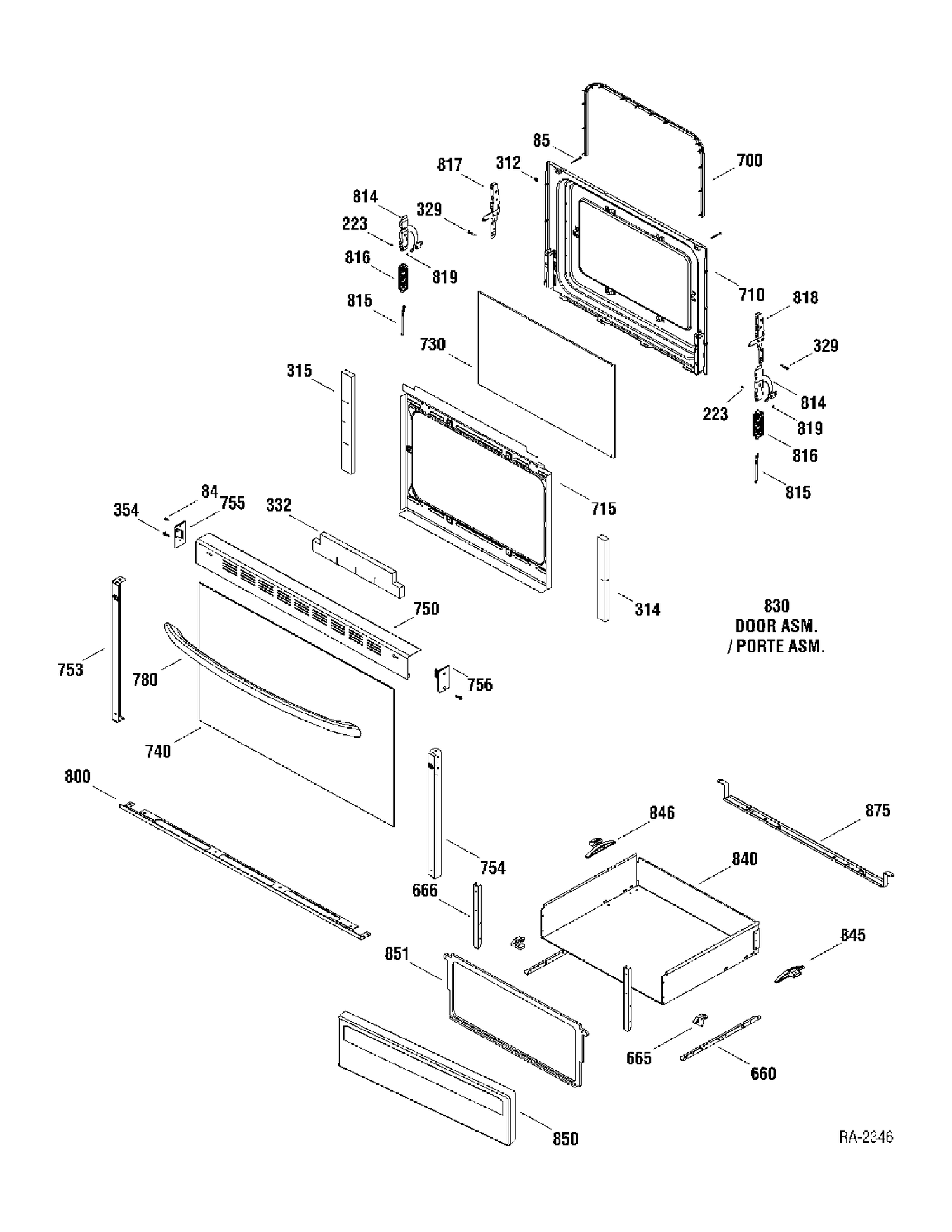 DOOR & DRAWER Diagram and Parts List for ECBS68DM2WW  General Electric Range