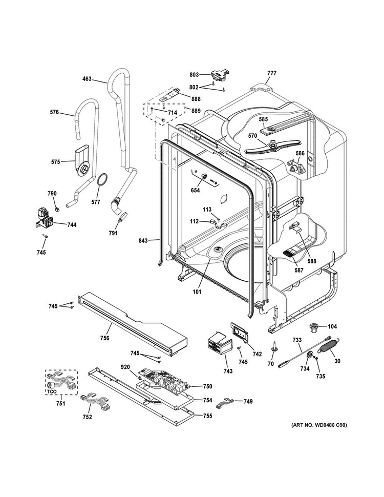 Body Parts Diagram and Parts List for ADT521PGF6WS  General Electric Dishwasher
