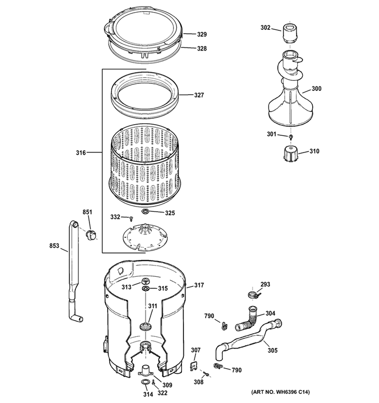 Tub, Basket & Agitator Diagram and Parts List for GLWN2800D2WS  General Electric Washer