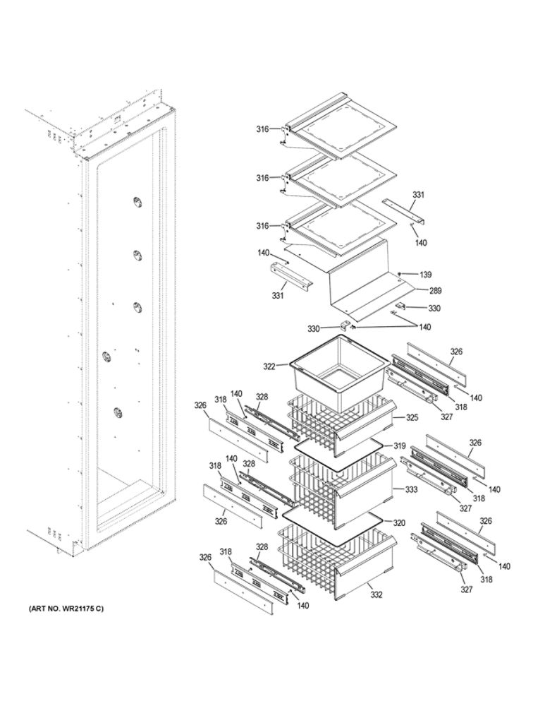 Shelves And Drawers Diagram and Parts List for ZIF180NPKAII  General Electric Freezer