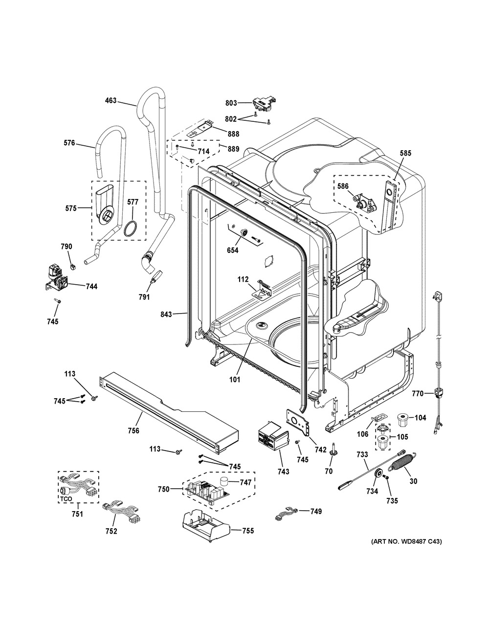 Body Parts Diagram and Parts List for GDF511PGM0BB  General Electric Dishwasher