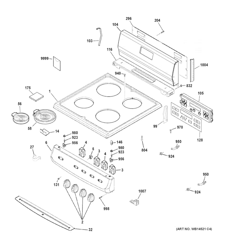 Control Panel & Cooktop Diagram and Parts List for JA624RN2SS  General Electric Range