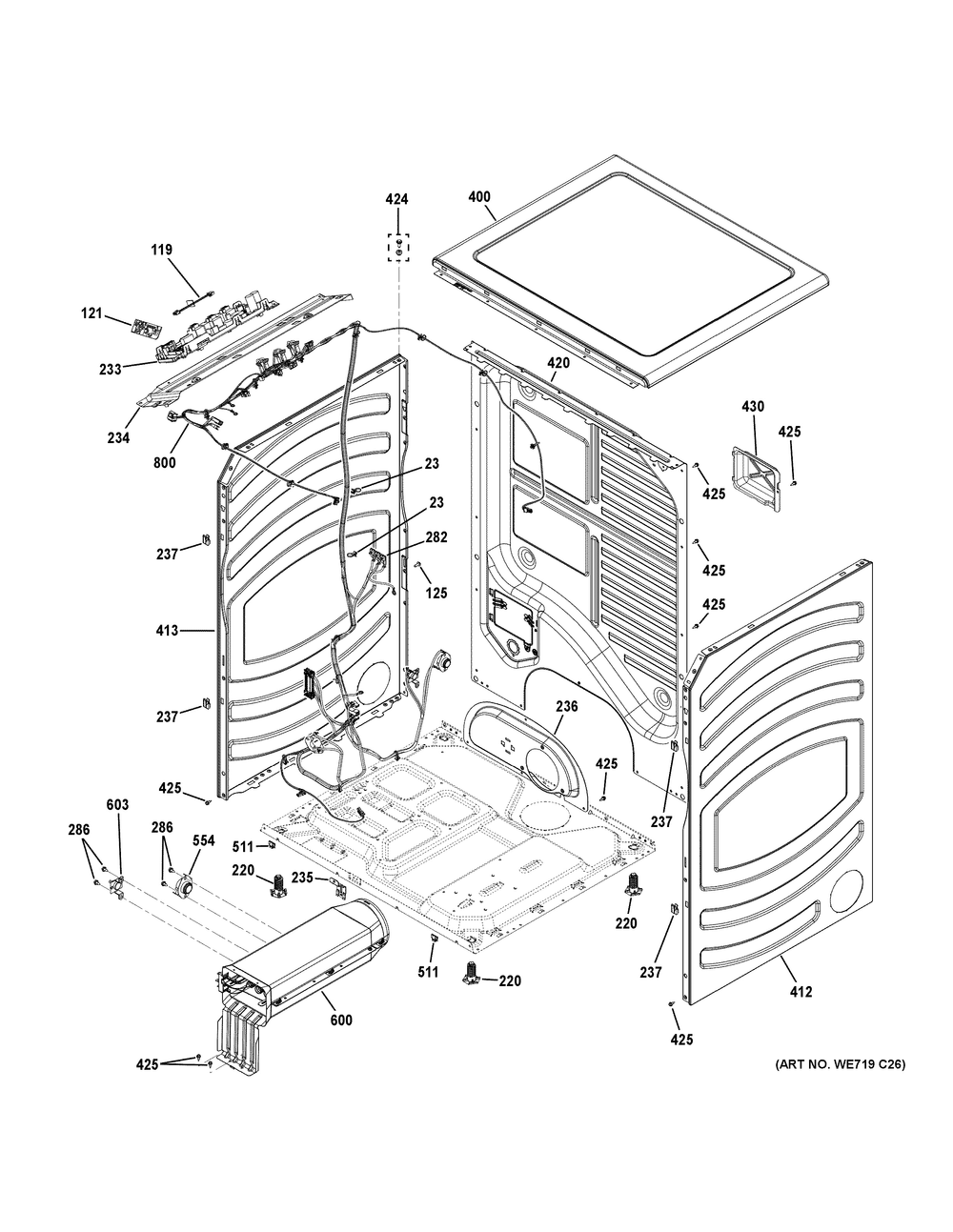 Cabinet And Top Panel Diagram and Parts List for GFV55ESSN3WW  General Electric Dryer