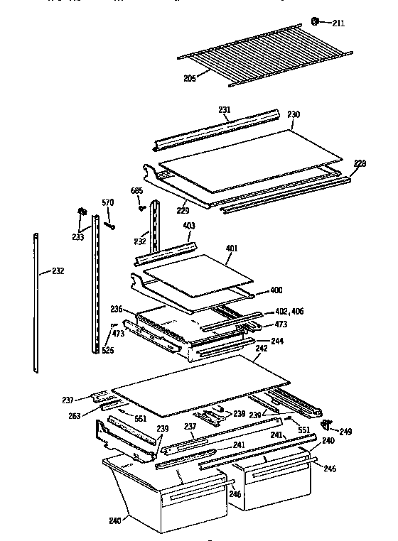 Shelf Assembly Diagram and Parts List for TBX21N1XDRAA  General Electric Refrigerator