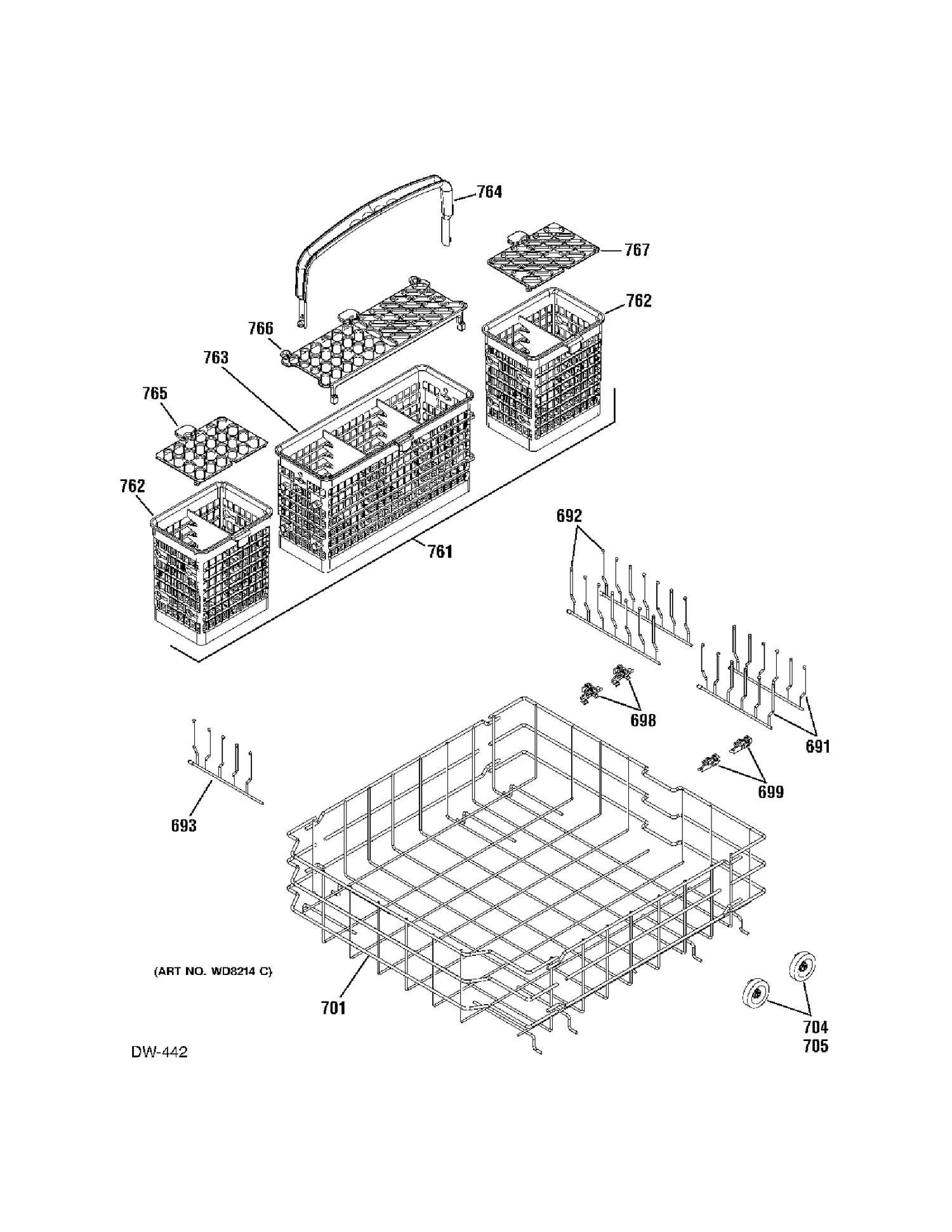 LOWER RACK Diagram and Parts List for PDW7912N00SS  General Electric Dishwasher