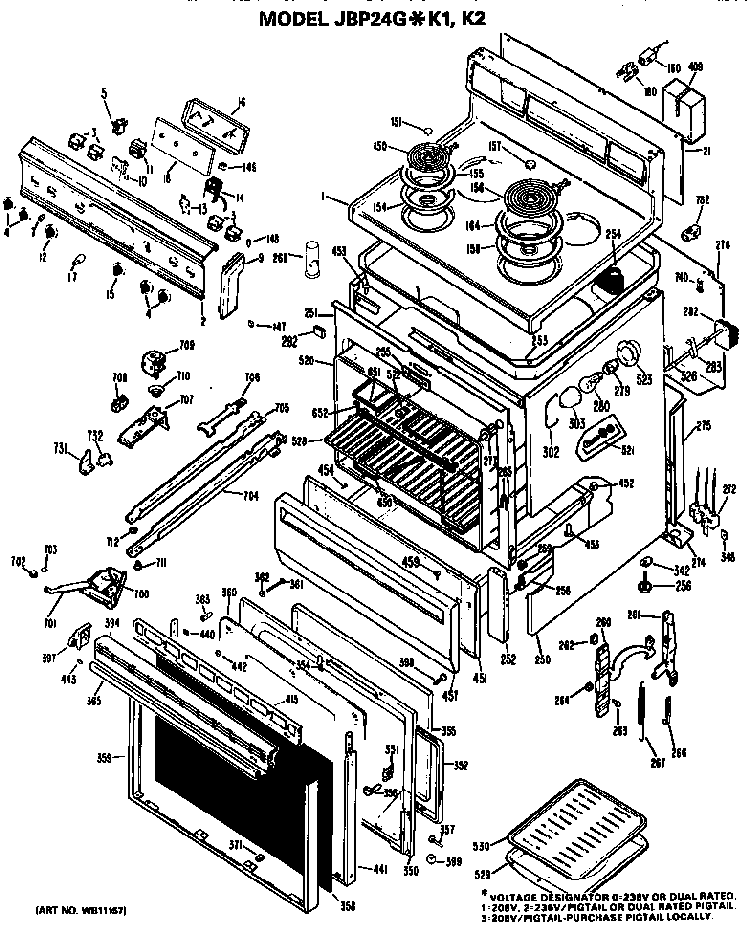 Replacement Parts Diagram and Parts List for JBP24GK2  General Electric Range