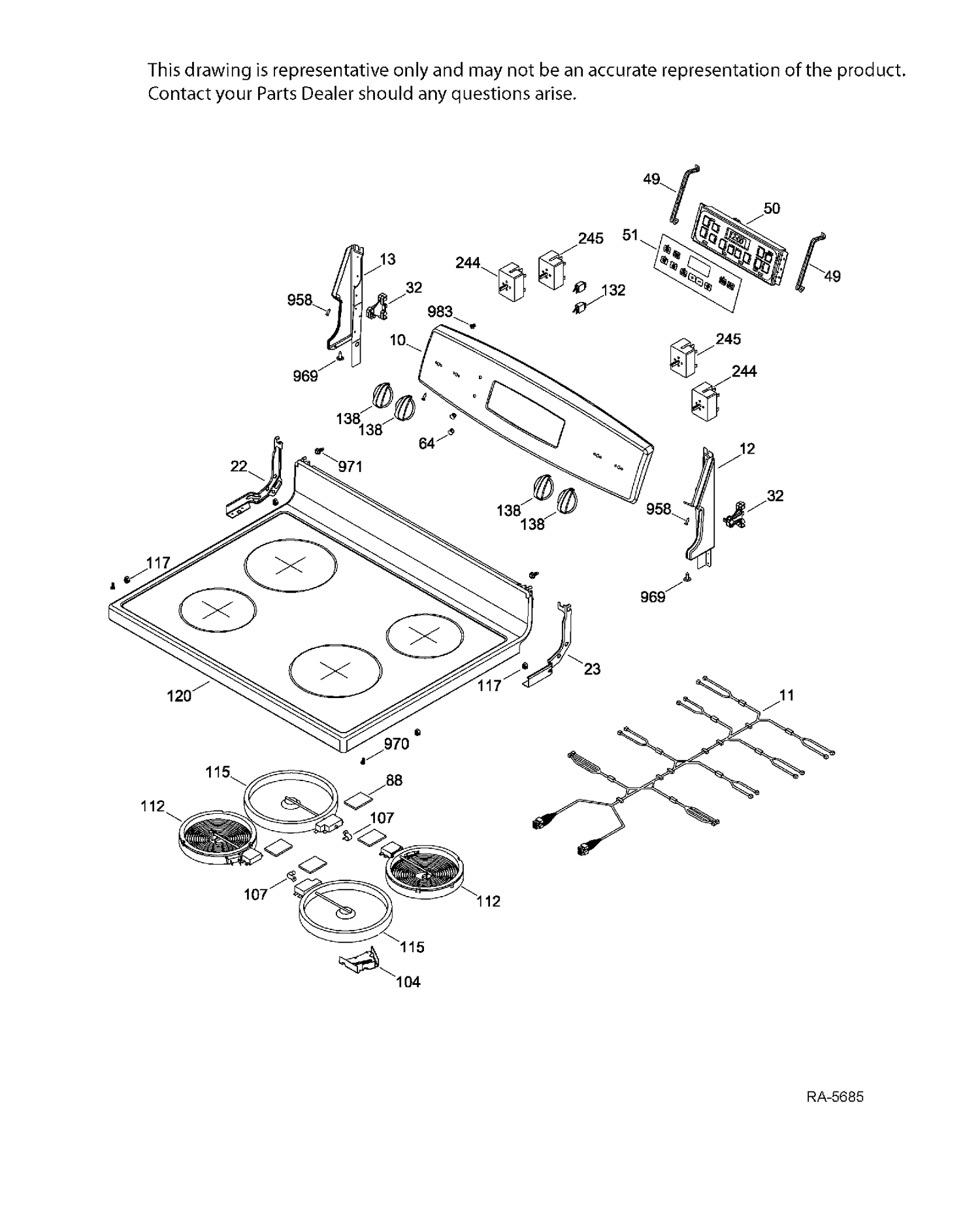 CONTROL PANEL & COOKTOP Diagram and Parts List for JCB630EF1ES  General Electric Range