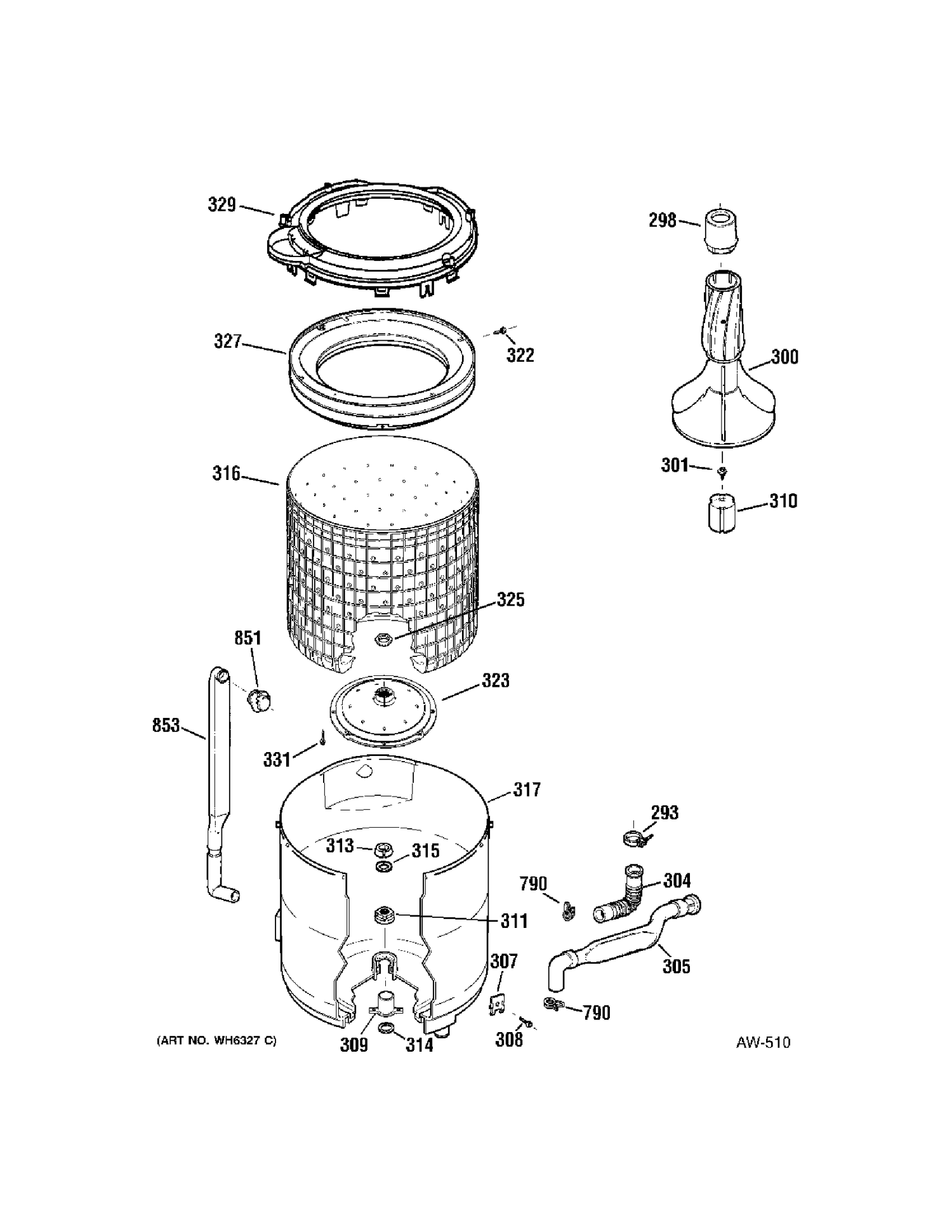 TUB Diagram and Parts List for HNSRP080D5WW  General Electric Washer