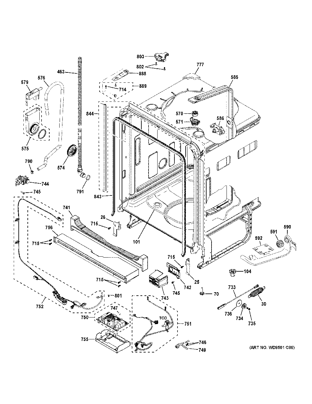 Body Parts Diagram and Parts List for DDT700SBN5TS  General Electric Dishwasher