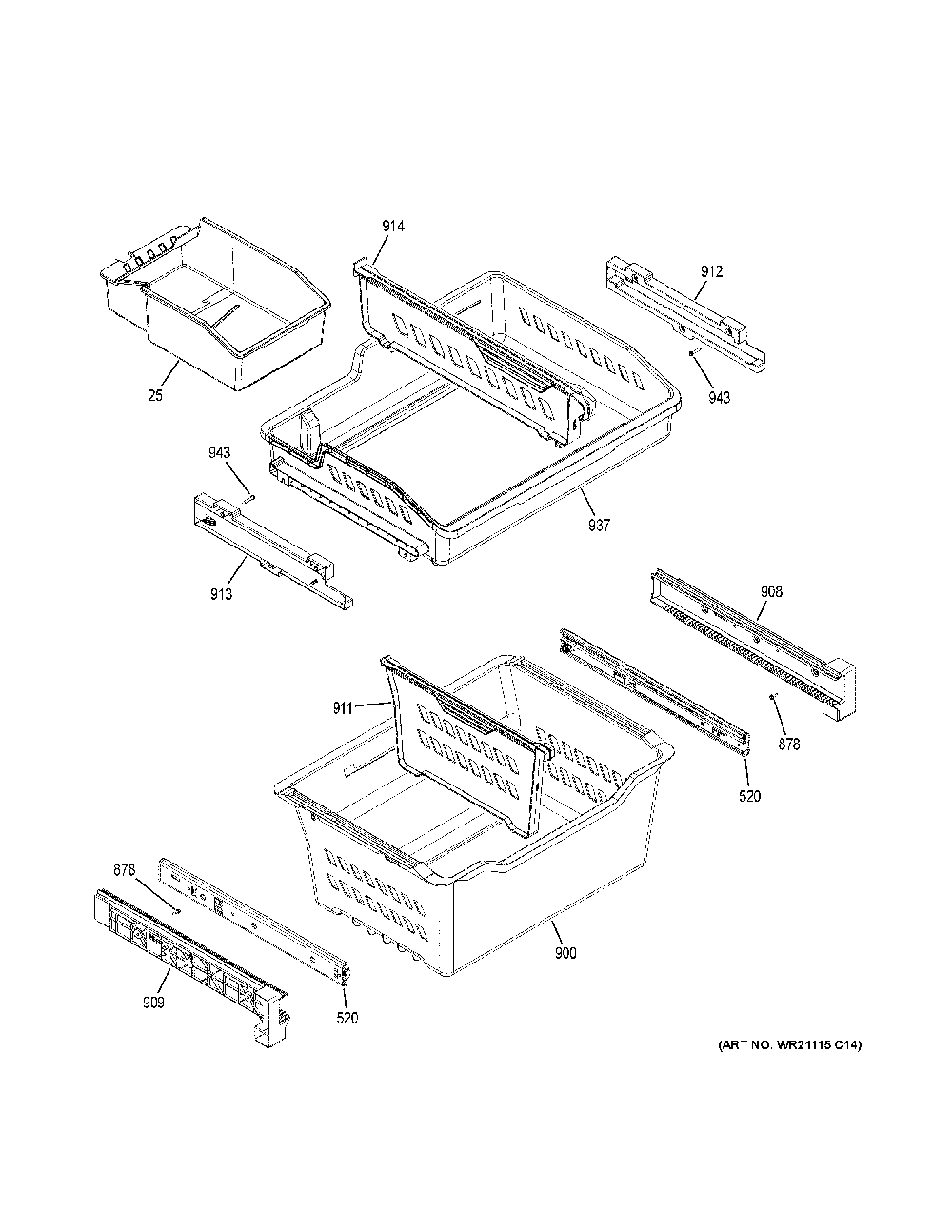 Freezer Shelves Diagram and Parts List for GDE21EGKVRWW  General Electric Refrigerator