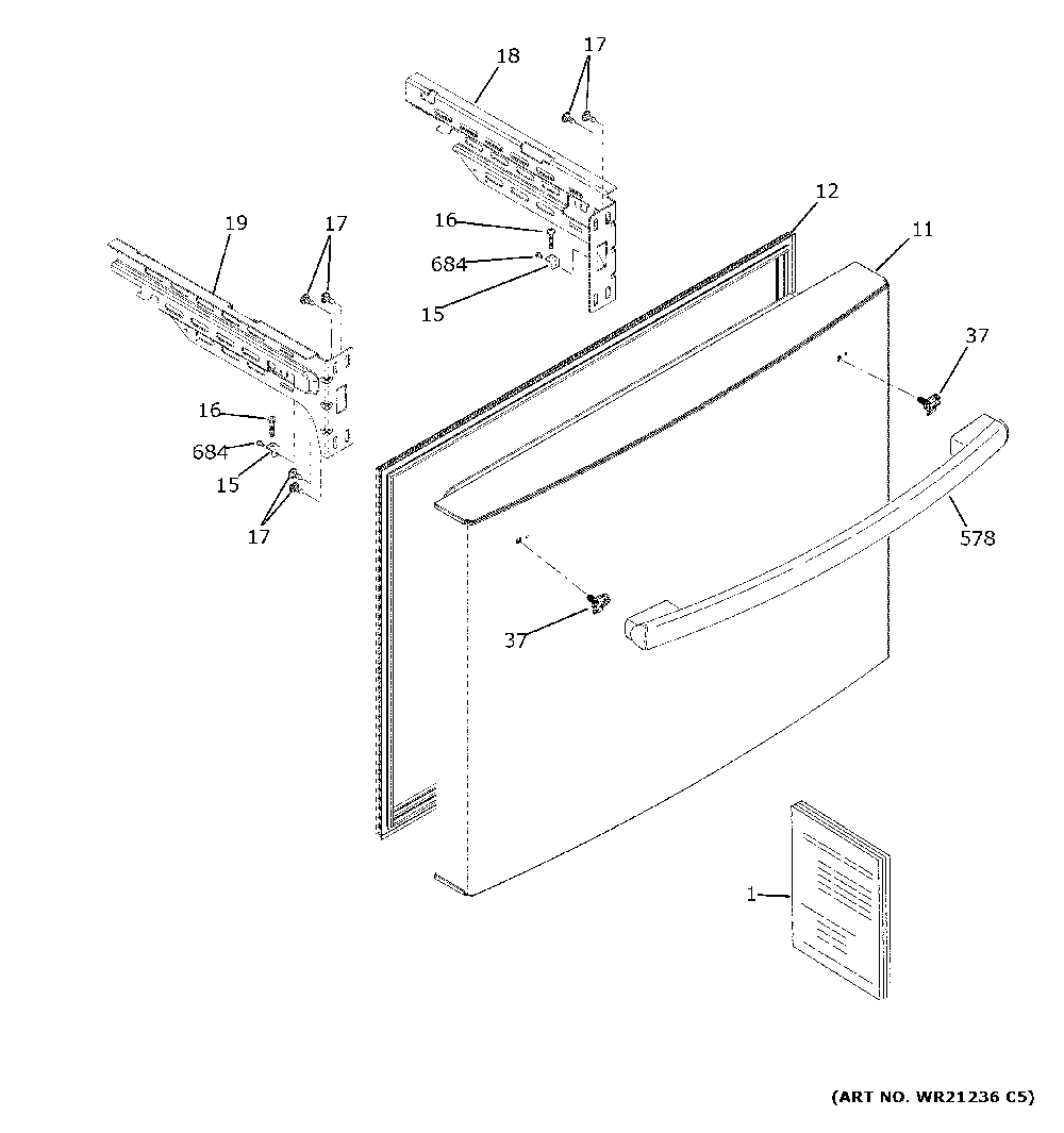 Freezer door Diagram and Parts List for GNE25JGKLFBB  General Electric Refrigerator