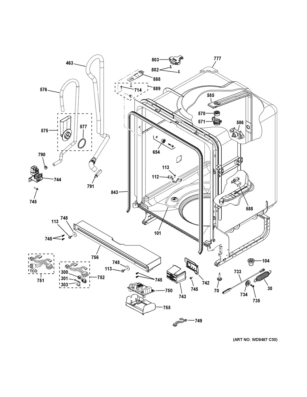Body Parts Diagram and Parts List for GDF520PGJ6CC  General Electric Dishwasher