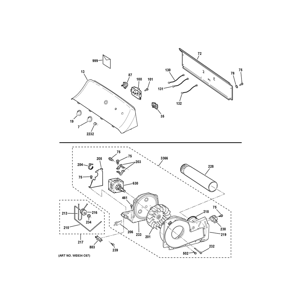 Backsplash, Blower And Motor Assembly Diagram and Parts List for NTX62E8ST1WW  General Electric Dryer