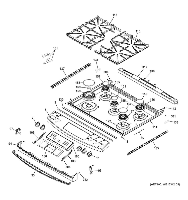 Control Panel & Cooktop Diagram and Parts List for JGS750DEF3WW  General Electric Range