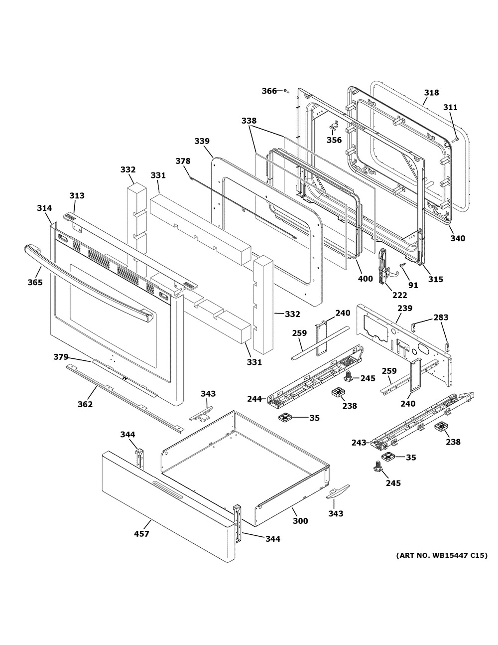 Door & Drawer Parts Diagram and Parts List for JGB700SEJ5SS  General Electric Range