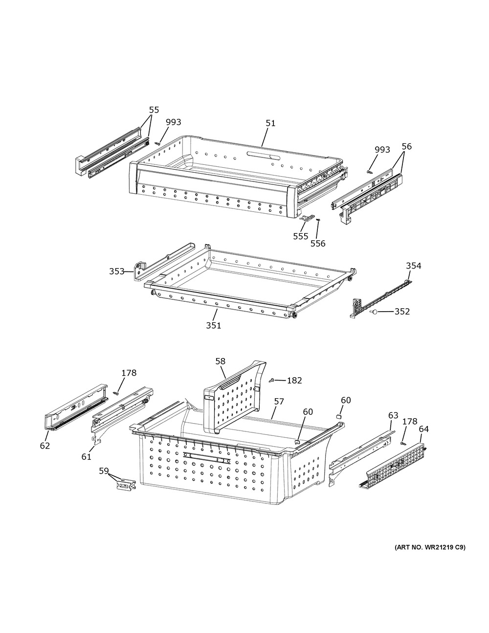 Freezer Shelves Diagram and Parts List for CXE22DP2PCS1  General Electric Refrigerator