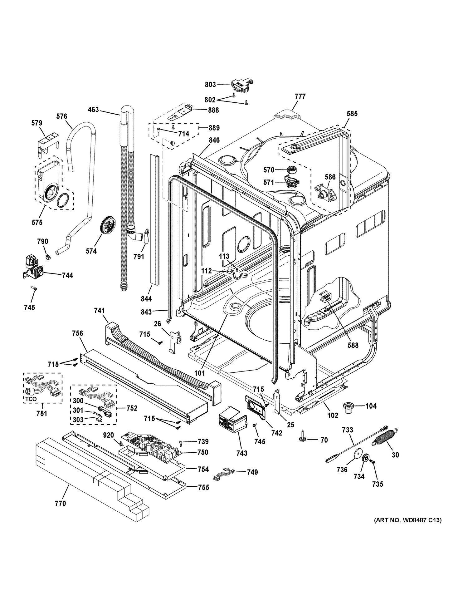 BODY PARTS Diagram and Parts List for GDF650SGJ2BB  General Electric Dishwasher