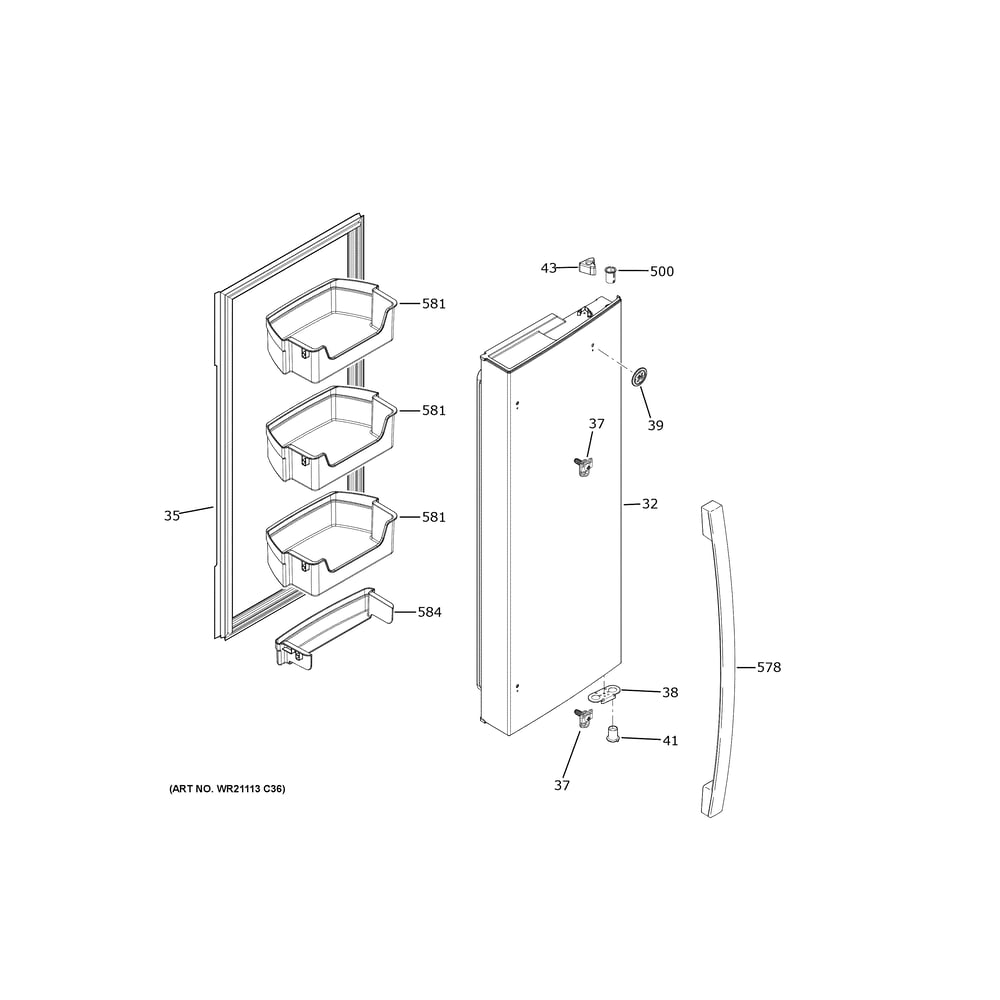 Fresh Food Door - Rh Diagram and Parts List for GNE27JGMZFBB  General Electric Refrigerator