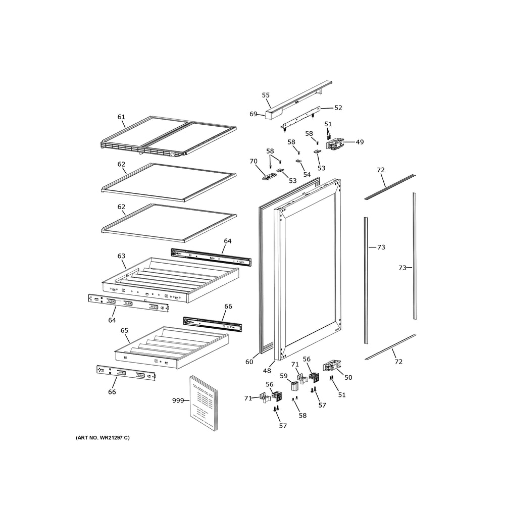 Door And Shelves Diagram and Parts List for ZIBC24PWBII  General Electric Wine and Beverage Cooler