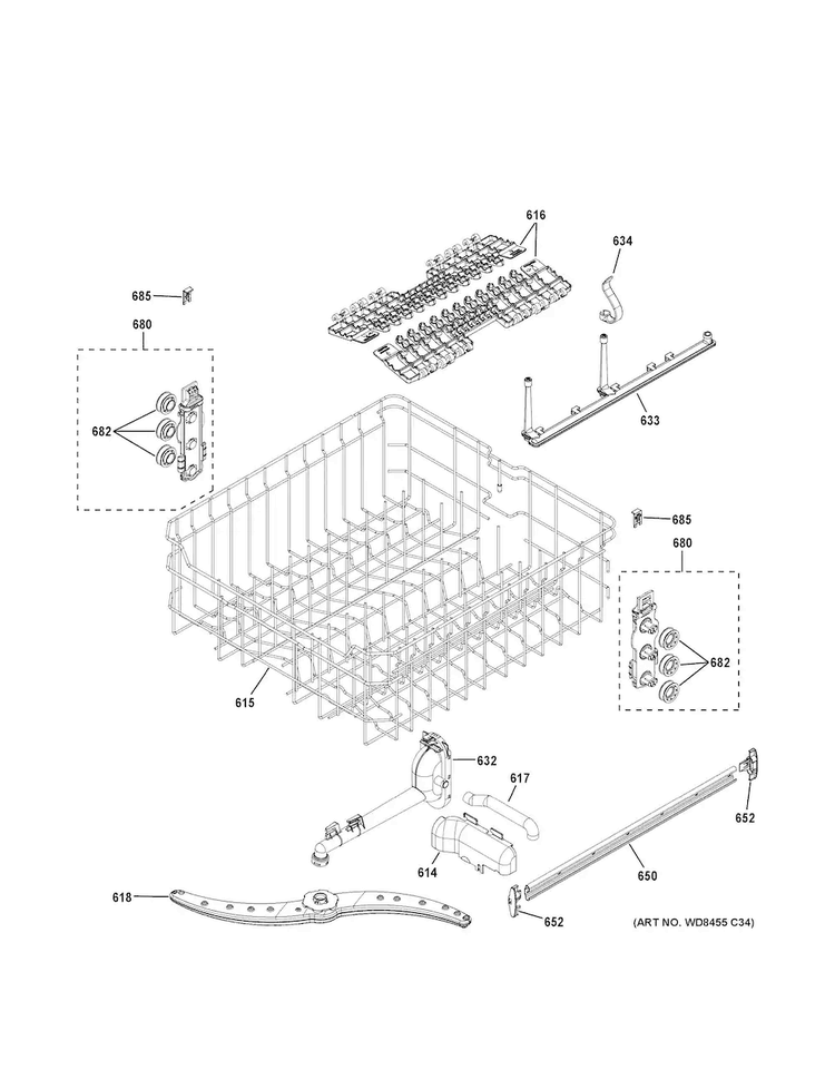 Upper Rack Assembly Diagram and Parts List for GDF610PGJ2WW  General Electric Dishwasher