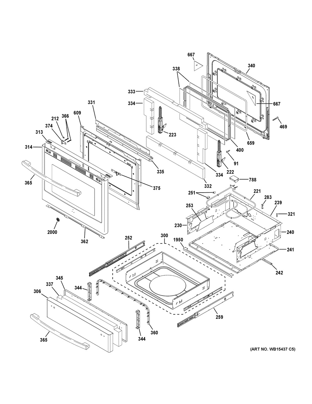 Door & Drawer Parts Diagram and Parts List for P2B940SEJ6SS  General Electric Range