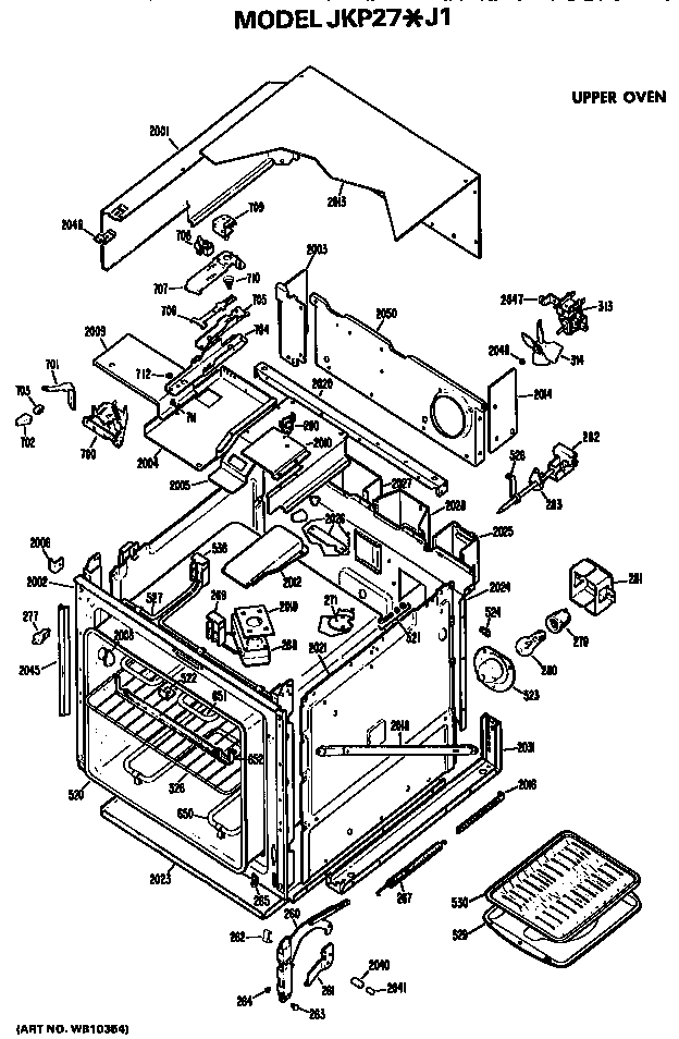 Upper Oven Diagram and Parts List for JKP27J1  General Electric Wall Oven